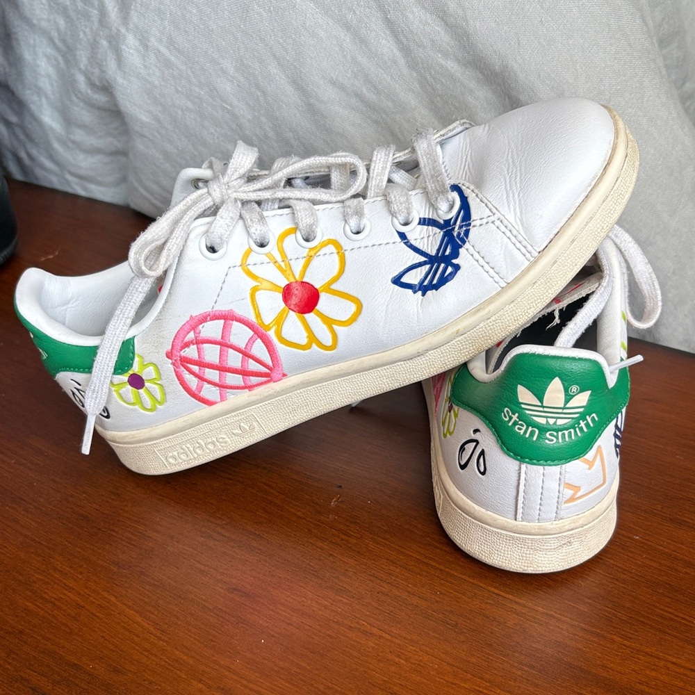 Adidas Stan Smith White Sneakers with Colorful Floral Doodle Design Size 6